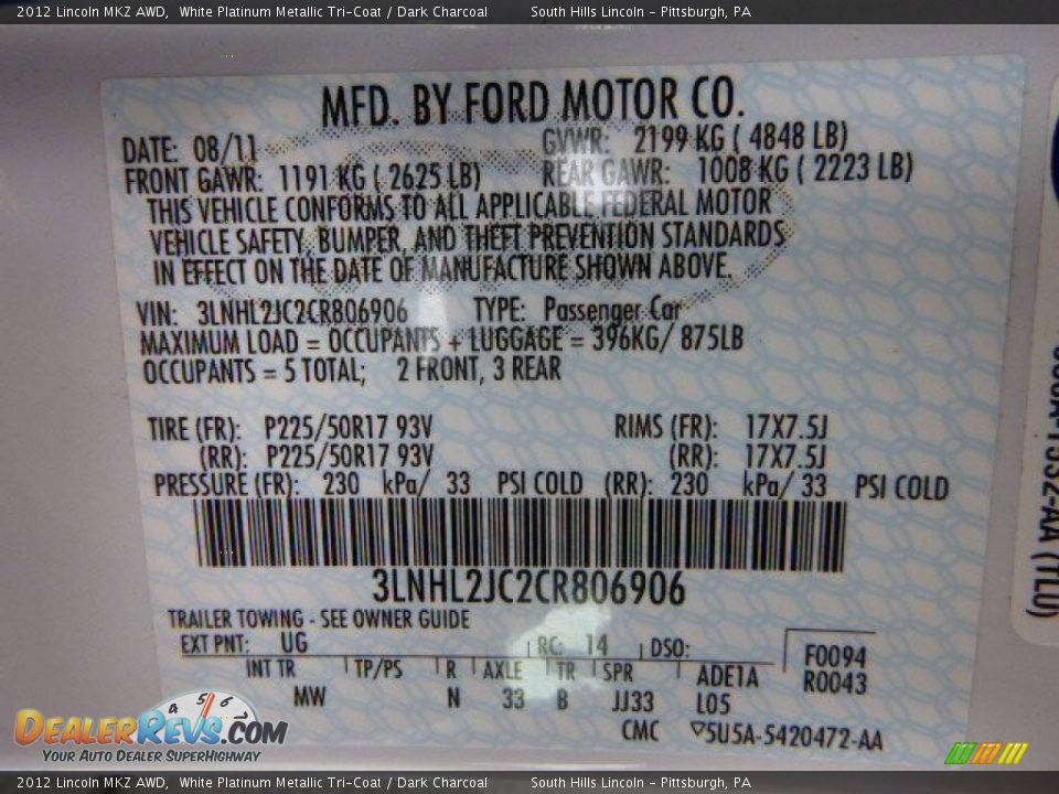 2012 Lincoln MKZ AWD White Platinum Metallic Tri-Coat / Dark Charcoal Photo #23