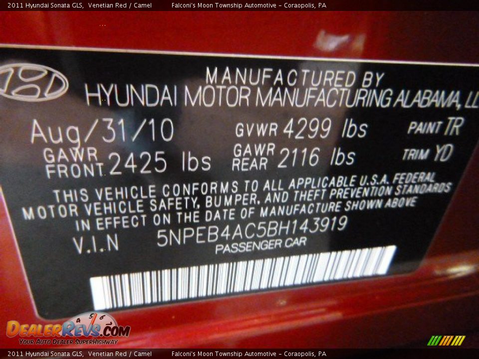 2011 Hyundai Sonata GLS Venetian Red / Camel Photo #24