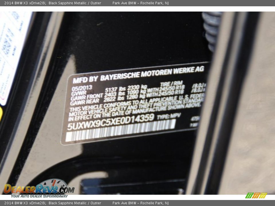2014 BMW X3 xDrive28i Black Sapphire Metallic / Oyster Photo #33