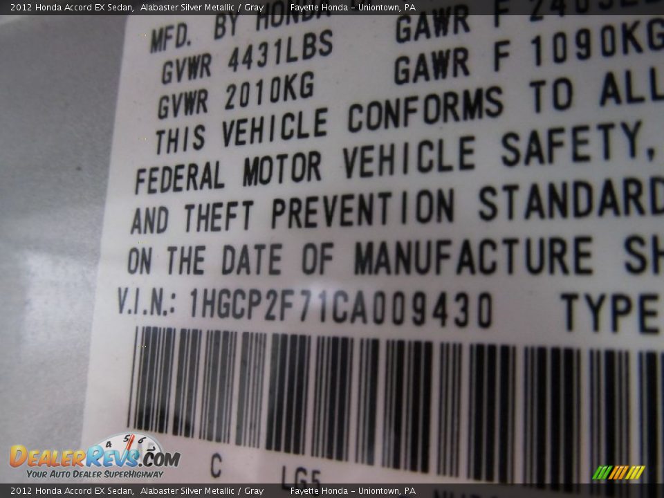 2012 Honda Accord EX Sedan Alabaster Silver Metallic / Gray Photo #9