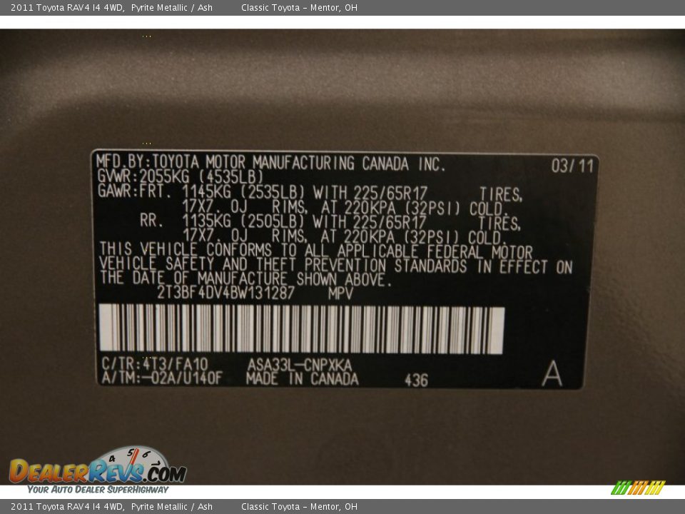 2011 Toyota RAV4 I4 4WD Pyrite Metallic / Ash Photo #17