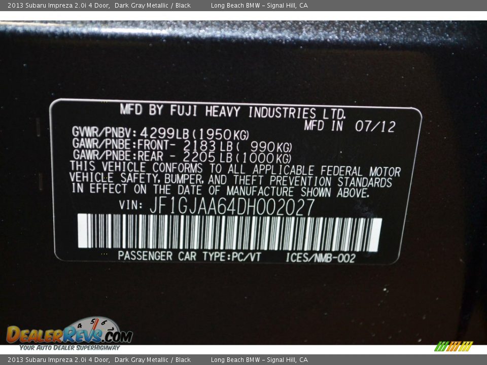 2013 Subaru Impreza 2.0i 4 Door Dark Gray Metallic / Black Photo #10