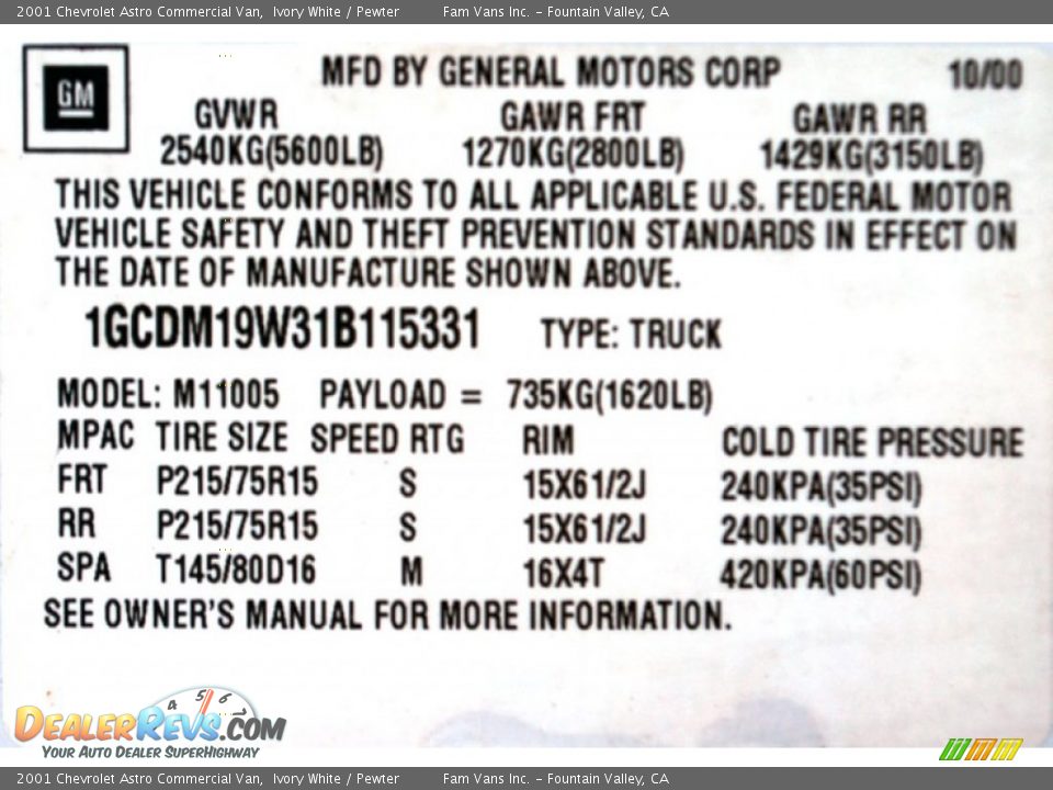 2001 Chevrolet Astro Commercial Van Ivory White / Pewter Photo #21