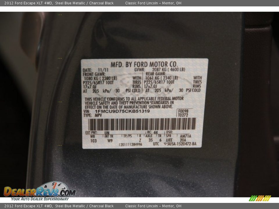 2012 Ford Escape XLT 4WD Steel Blue Metallic / Charcoal Black Photo #15