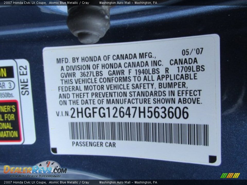 2007 Honda Civic LX Coupe Atomic Blue Metallic / Gray Photo #19