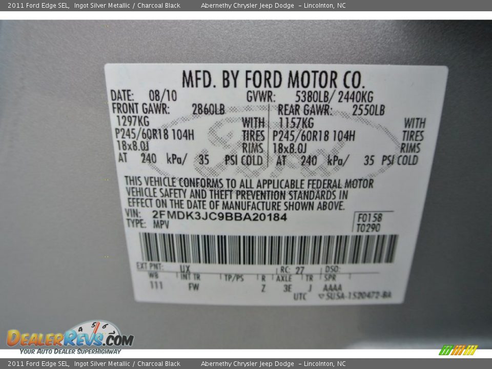 2011 Ford Edge SEL Ingot Silver Metallic / Charcoal Black Photo #8