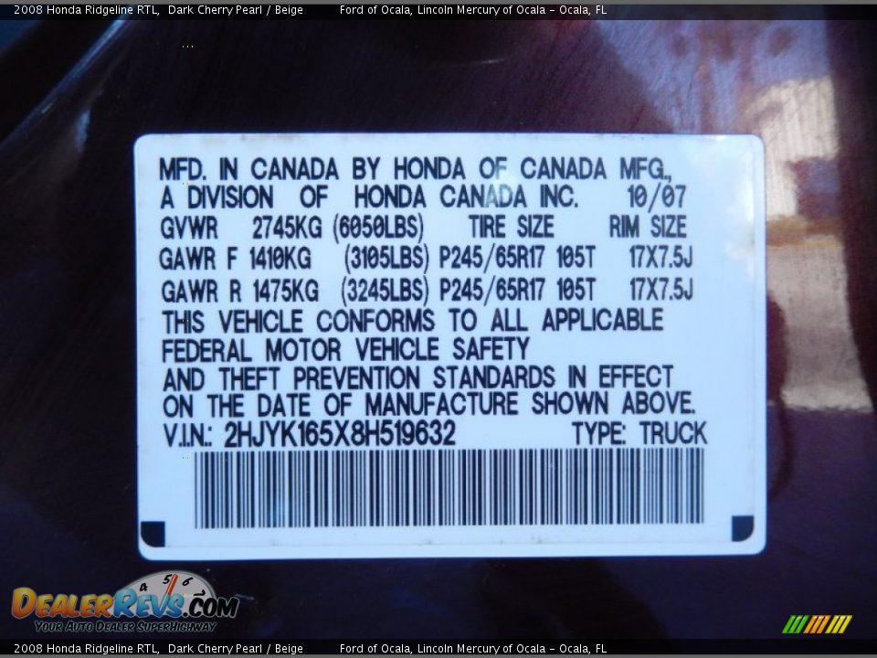 2008 Honda Ridgeline RTL Dark Cherry Pearl / Beige Photo #29