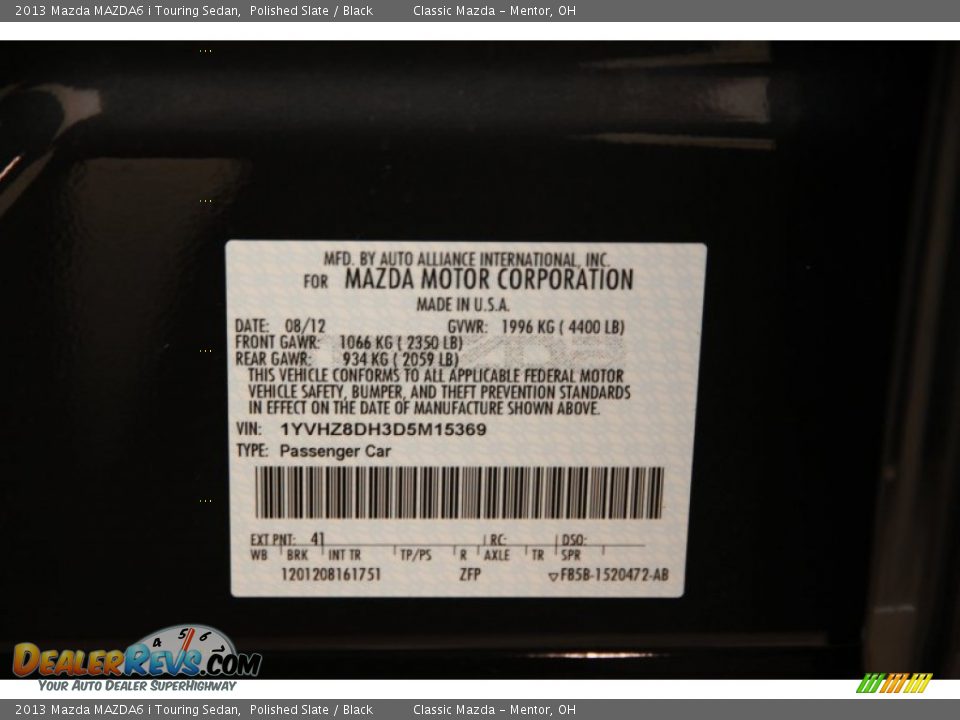 2013 Mazda MAZDA6 i Touring Sedan Polished Slate / Black Photo #17