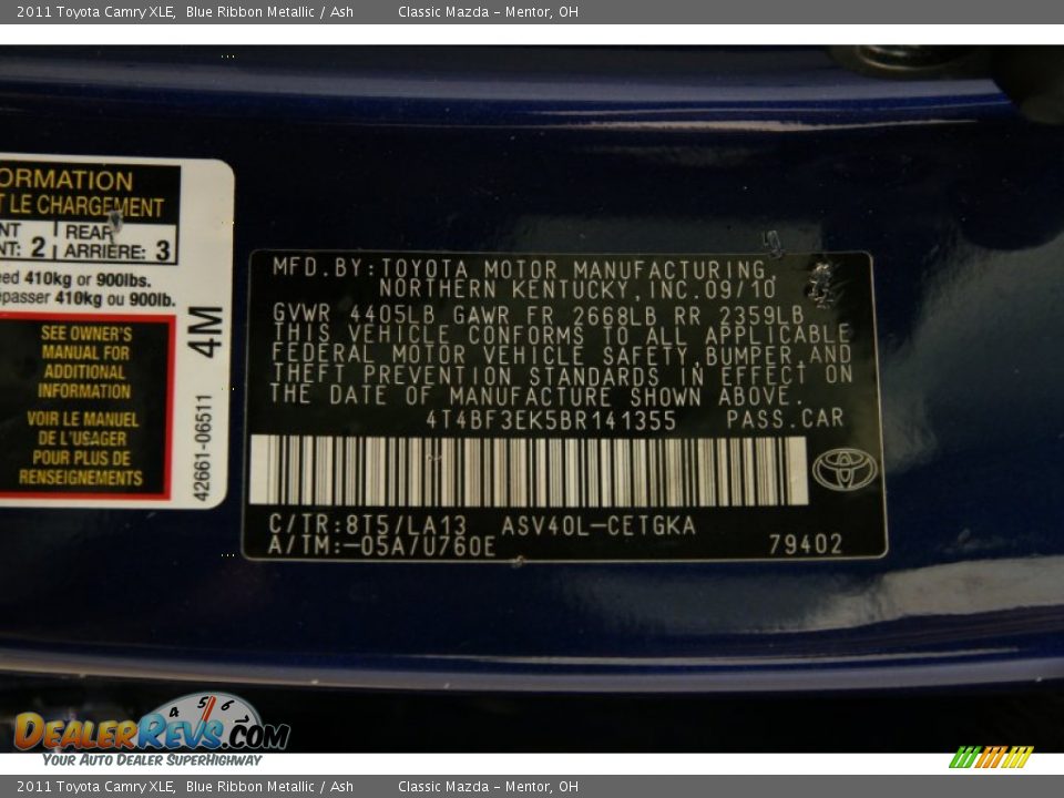 2011 Toyota Camry XLE Blue Ribbon Metallic / Ash Photo #22