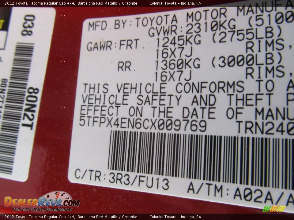 2012 Toyota Tacoma Regular Cab 4x4 Barcelona Red Metallic / Graphite Photo #19