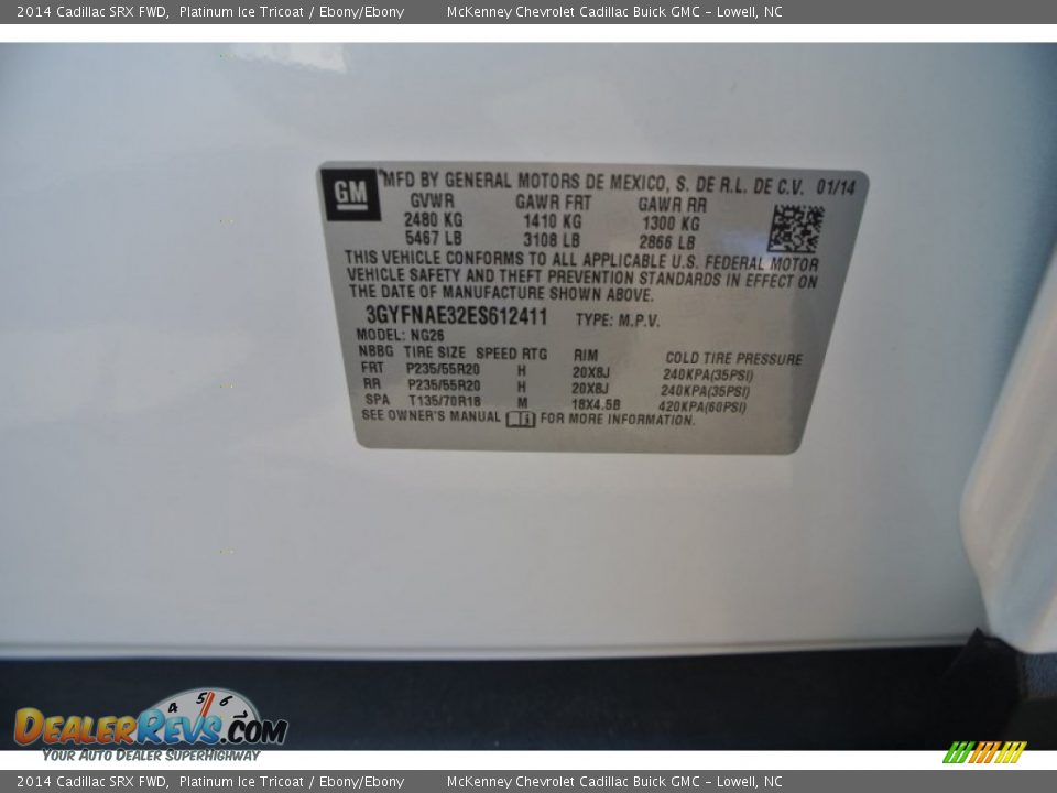 2014 Cadillac SRX FWD Platinum Ice Tricoat / Ebony/Ebony Photo #7