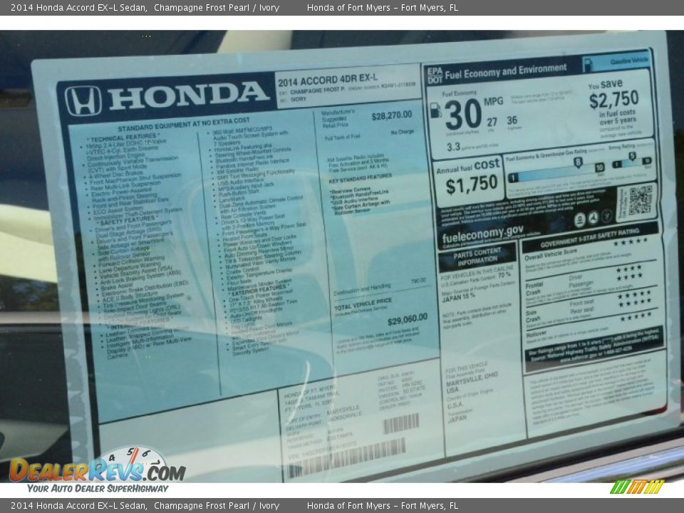 2014 Honda Accord EX-L Sedan Champagne Frost Pearl / Ivory Photo #9