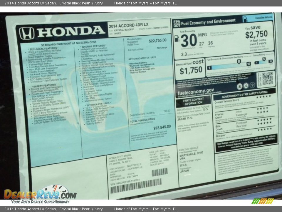 2014 Honda Accord LX Sedan Crystal Black Pearl / Ivory Photo #9