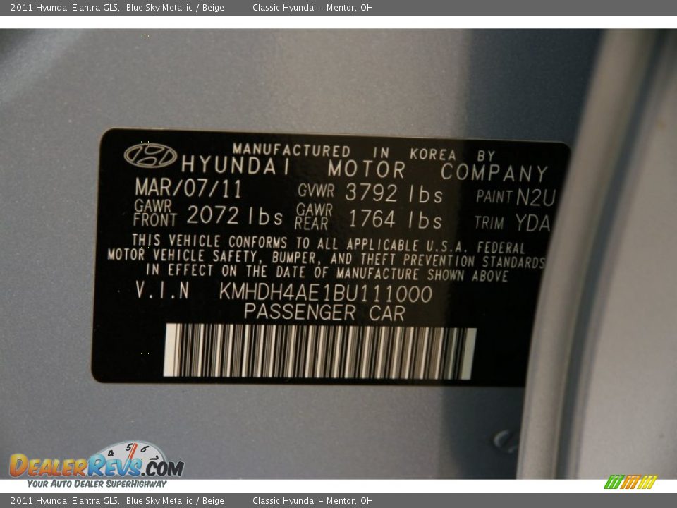 2011 Hyundai Elantra GLS Blue Sky Metallic / Beige Photo #17