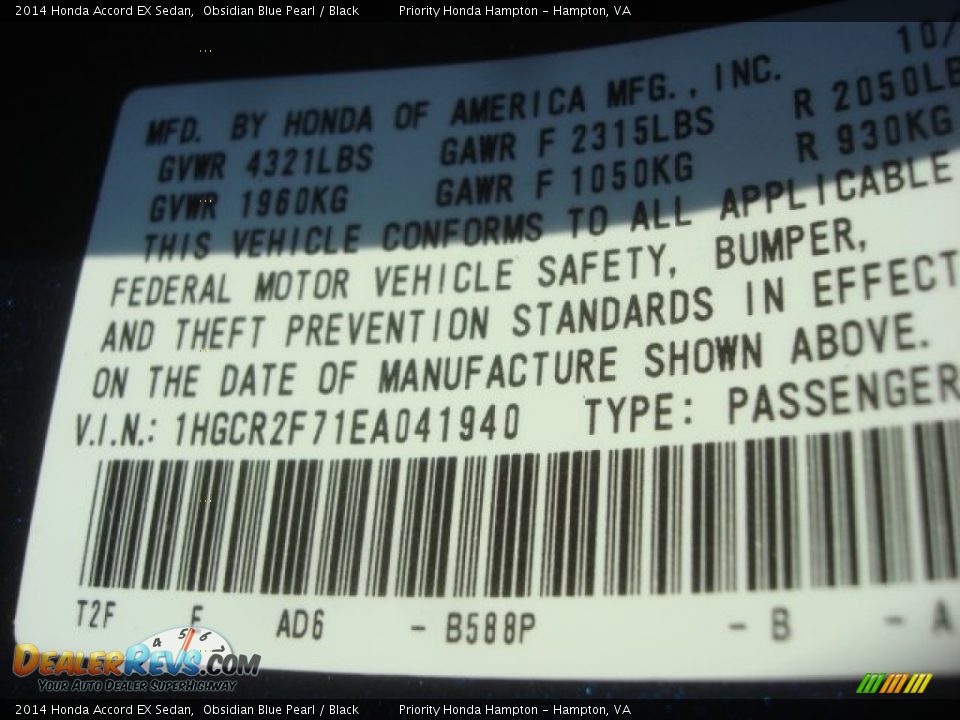 2014 Honda Accord EX Sedan Obsidian Blue Pearl / Black Photo #29
