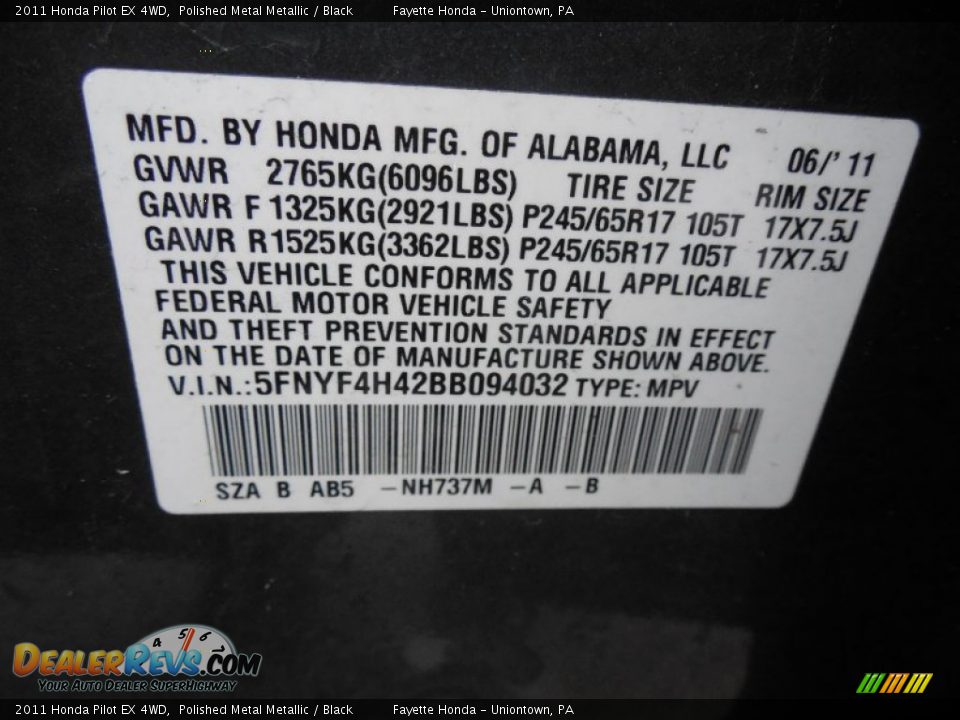 2011 Honda Pilot EX 4WD Polished Metal Metallic / Black Photo #10