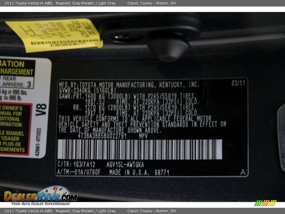2011 Toyota Venza I4 AWD Magnetic Gray Metallic / Light Gray Photo #22