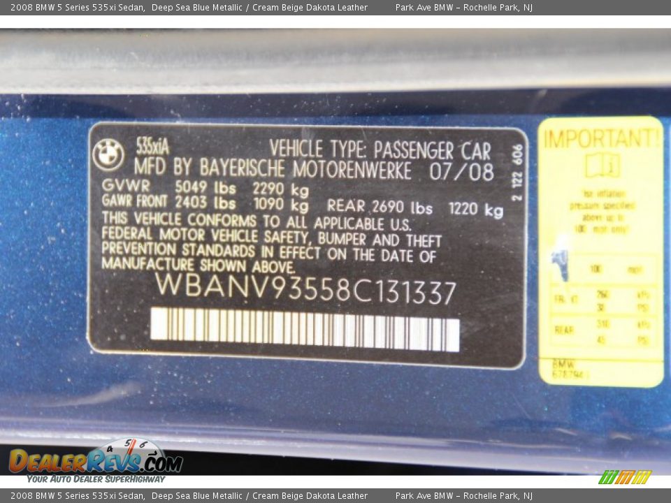 2008 BMW 5 Series 535xi Sedan Deep Sea Blue Metallic / Cream Beige Dakota Leather Photo #32