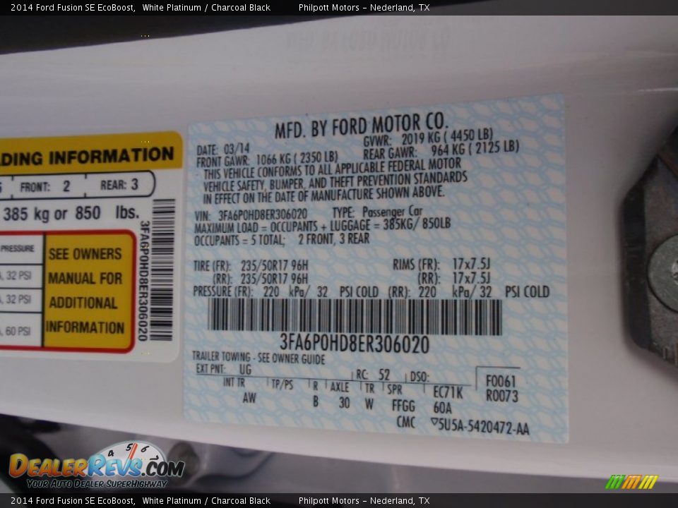 2014 Ford Fusion SE EcoBoost White Platinum / Charcoal Black Photo #34