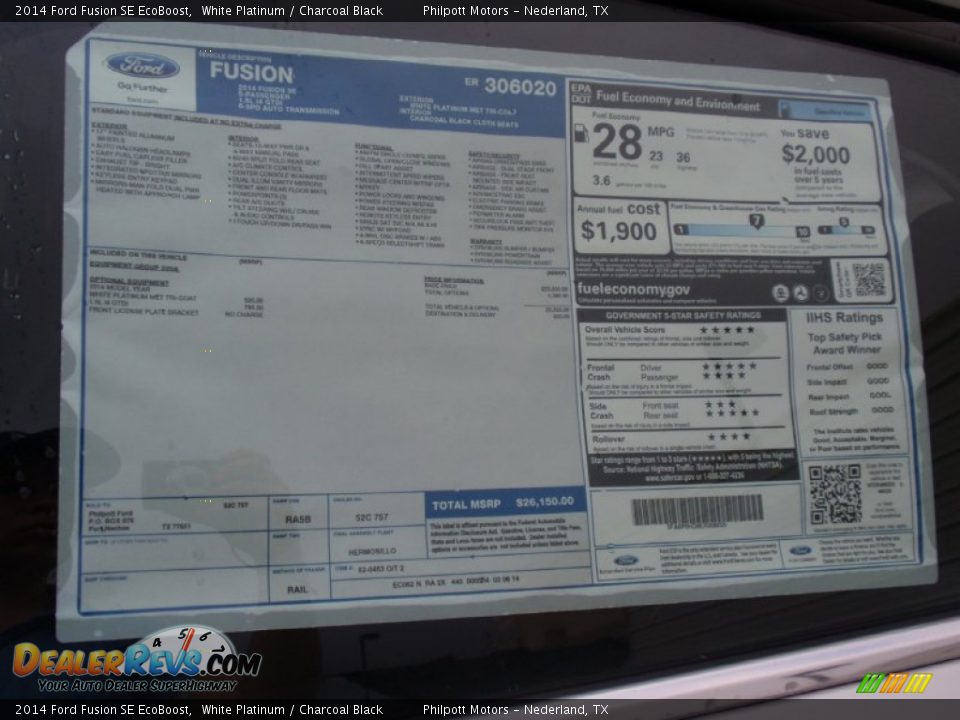 2014 Ford Fusion SE EcoBoost White Platinum / Charcoal Black Photo #35