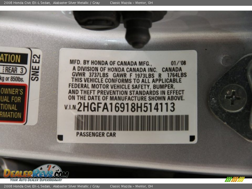 2008 Honda Civic EX-L Sedan Alabaster Silver Metallic / Gray Photo #21