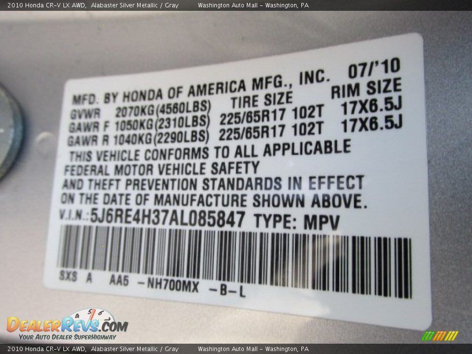 2010 Honda CR-V LX AWD Alabaster Silver Metallic / Gray Photo #19