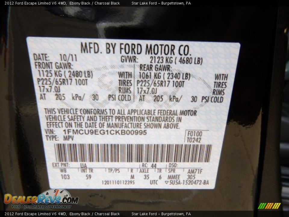 2012 Ford Escape Limited V6 4WD Ebony Black / Charcoal Black Photo #20