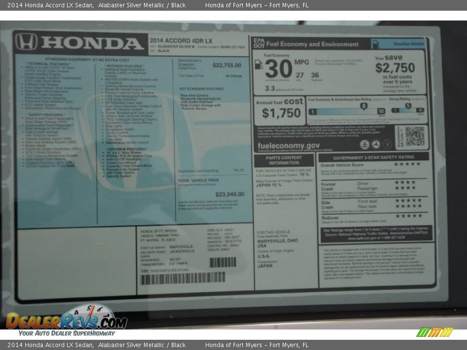 2014 Honda Accord LX Sedan Alabaster Silver Metallic / Black Photo #5