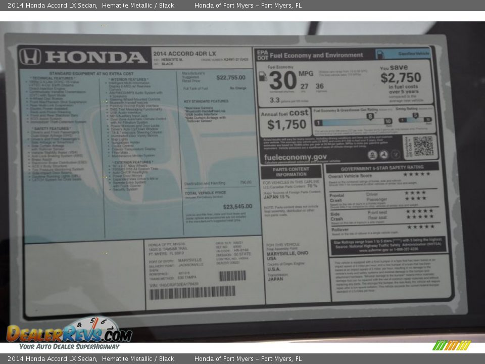 2014 Honda Accord LX Sedan Hematite Metallic / Black Photo #5