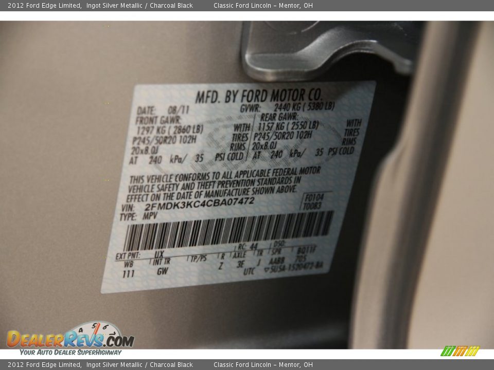 2012 Ford Edge Limited Ingot Silver Metallic / Charcoal Black Photo #22