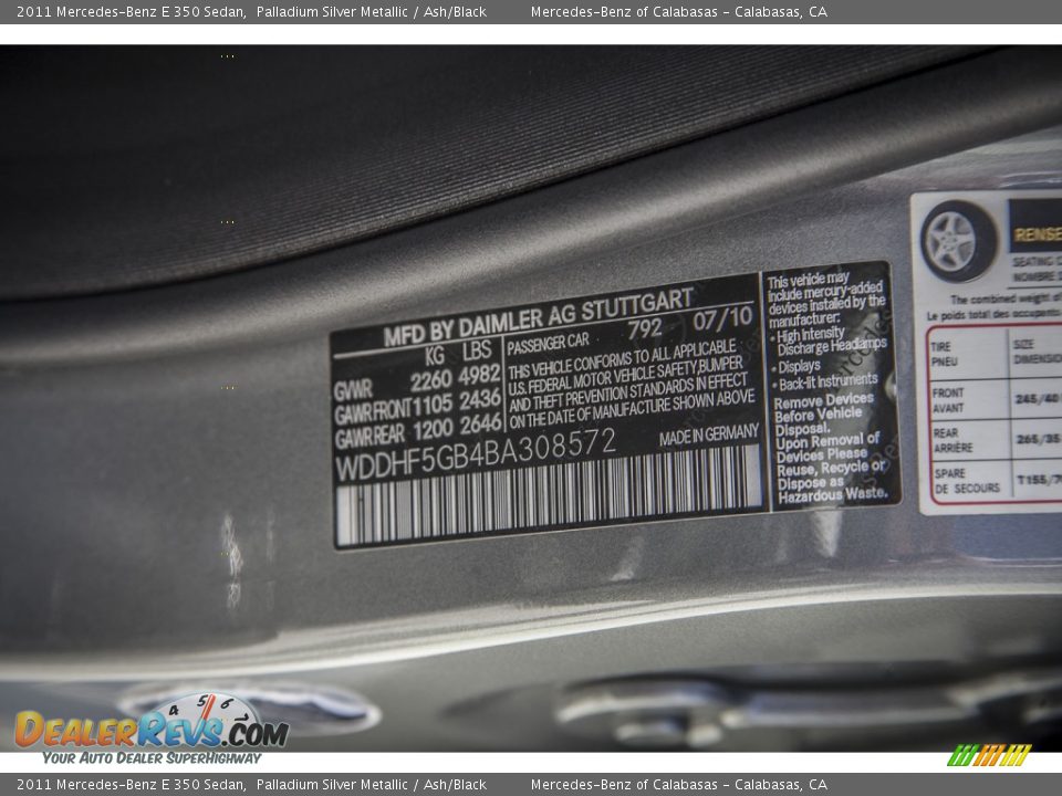 2011 Mercedes-Benz E 350 Sedan Palladium Silver Metallic / Ash/Black Photo #19