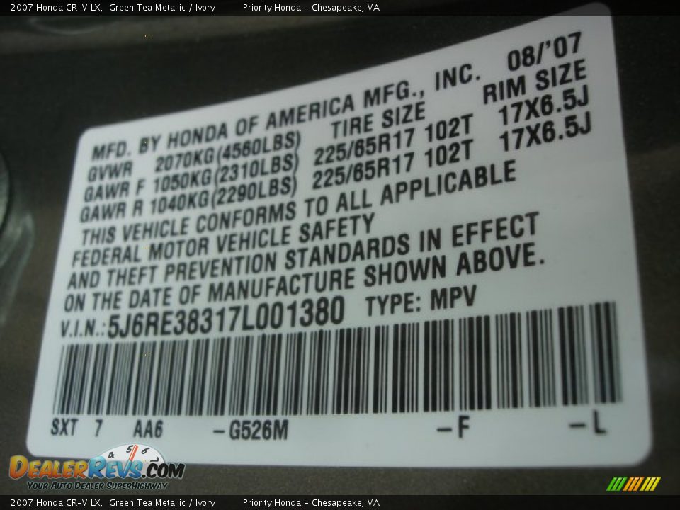 2007 Honda CR-V LX Green Tea Metallic / Ivory Photo #22