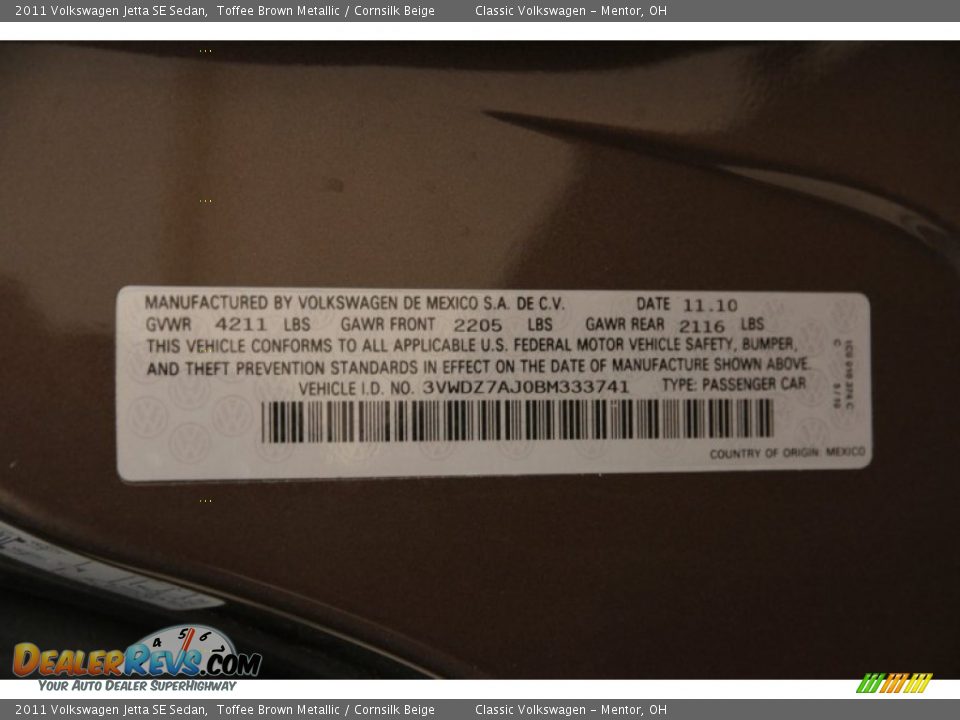 2011 Volkswagen Jetta SE Sedan Toffee Brown Metallic / Cornsilk Beige Photo #30