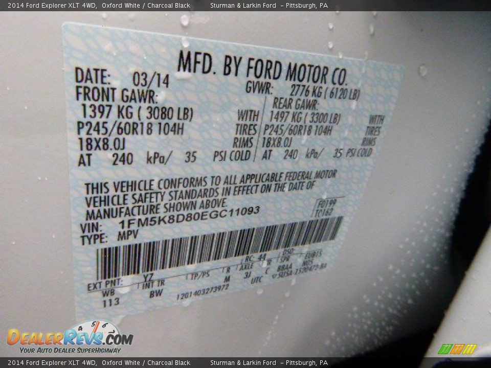 2014 Ford Explorer XLT 4WD Oxford White / Charcoal Black Photo #14