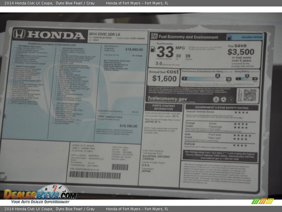 2014 Honda Civic LX Coupe Dyno Blue Pearl / Gray Photo #5