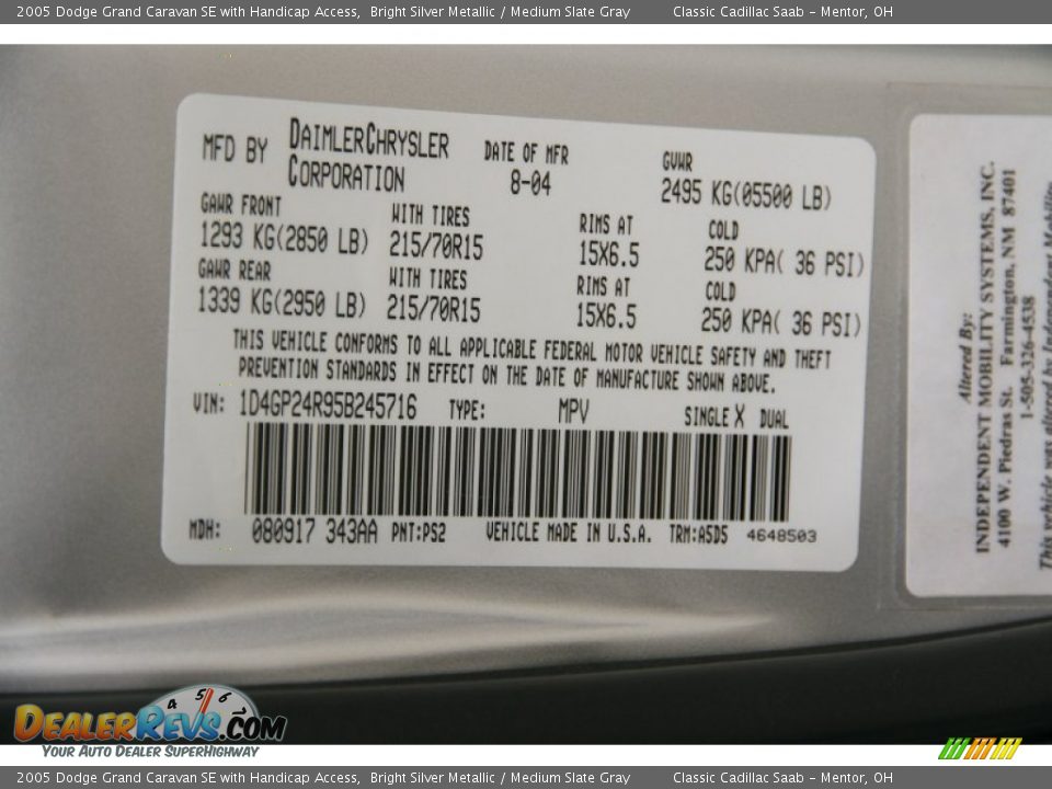 2005 Dodge Grand Caravan SE with Handicap Access Bright Silver Metallic / Medium Slate Gray Photo #29