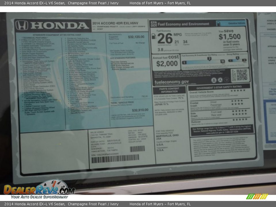 2014 Honda Accord EX-L V6 Sedan Champagne Frost Pearl / Ivory Photo #5