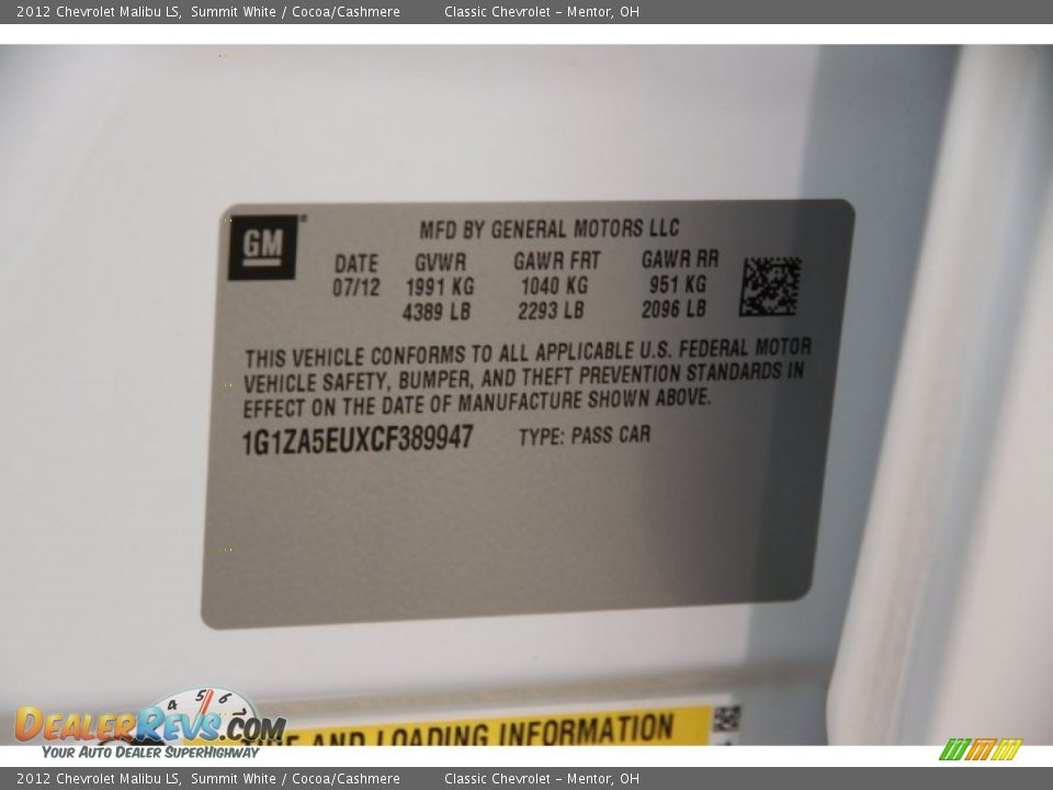 2012 Chevrolet Malibu LS Summit White / Cocoa/Cashmere Photo #17