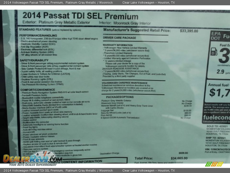 2014 Volkswagen Passat TDI SEL Premium Platinum Gray Metallic / Moonrock Photo #35