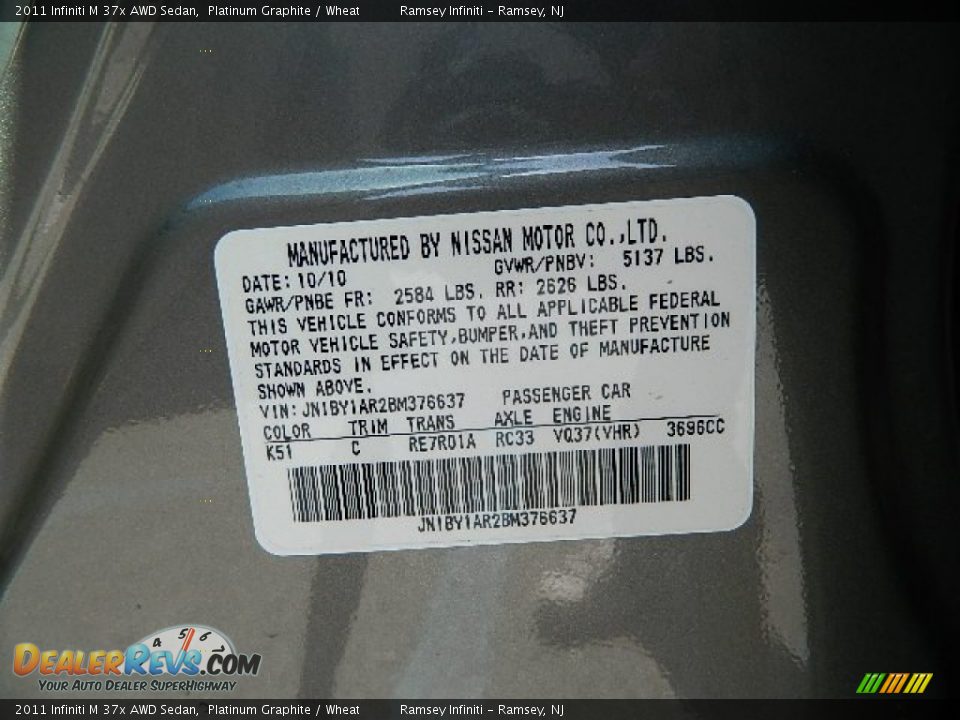 2011 Infiniti M 37x AWD Sedan Platinum Graphite / Wheat Photo #5