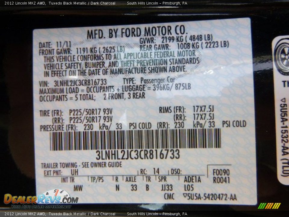 2012 Lincoln MKZ AWD Tuxedo Black Metallic / Dark Charcoal Photo #23