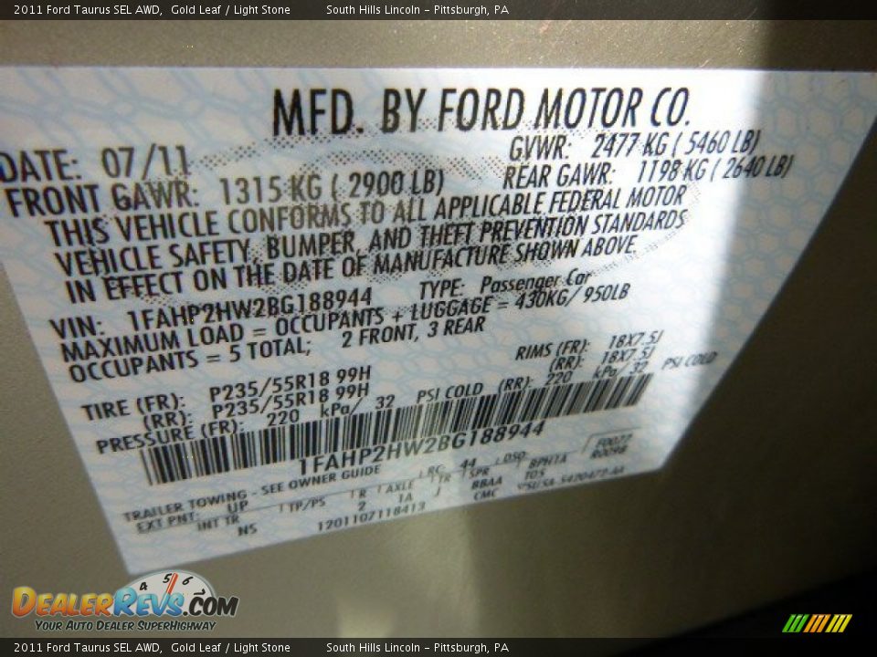 2011 Ford Taurus SEL AWD Gold Leaf / Light Stone Photo #24