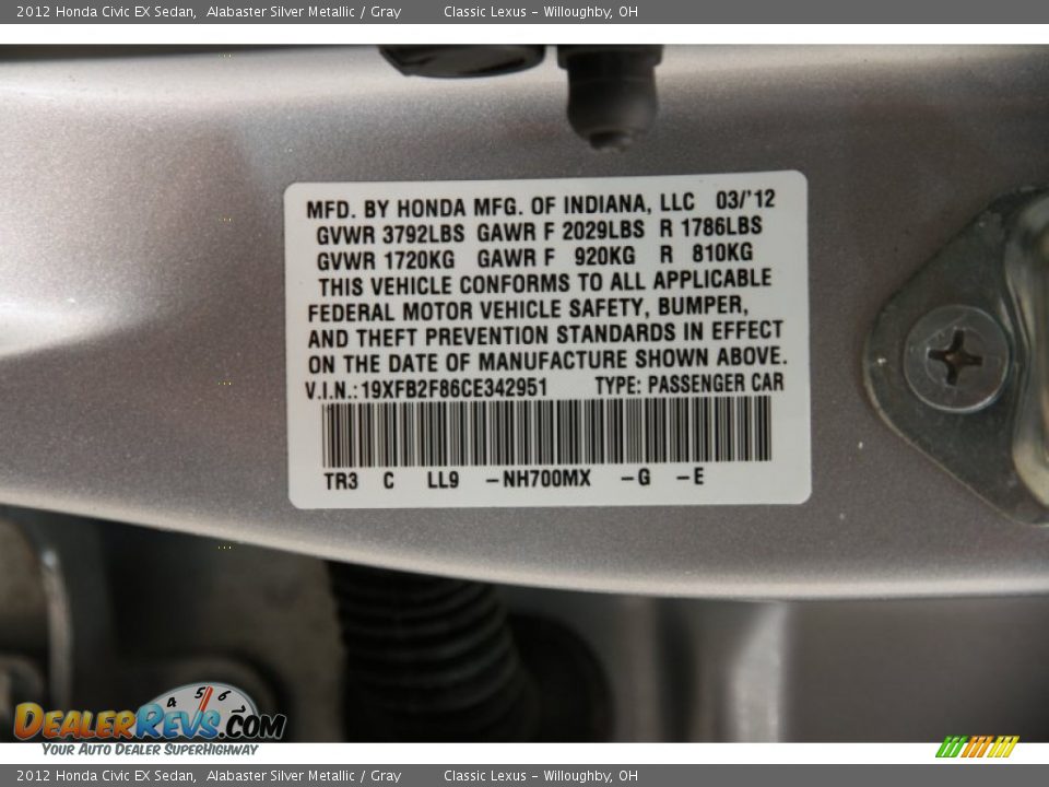 2012 Honda Civic EX Sedan Alabaster Silver Metallic / Gray Photo #34