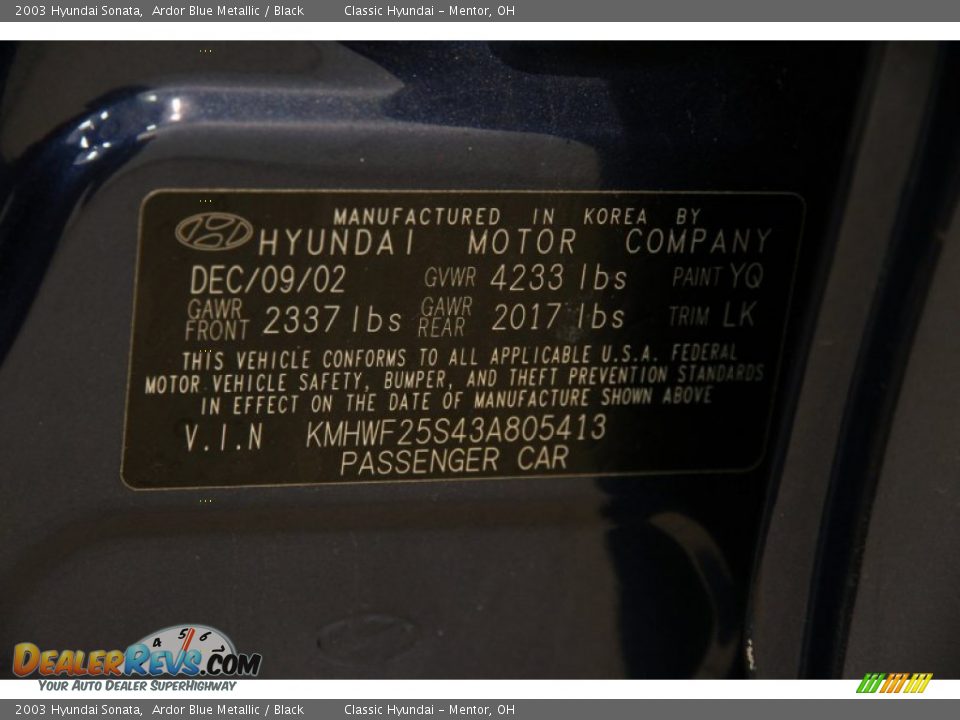 2003 Hyundai Sonata Ardor Blue Metallic / Black Photo #18