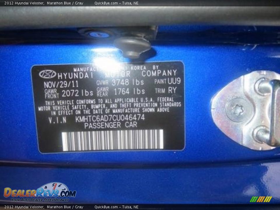 2012 Hyundai Veloster Marathon Blue / Gray Photo #11