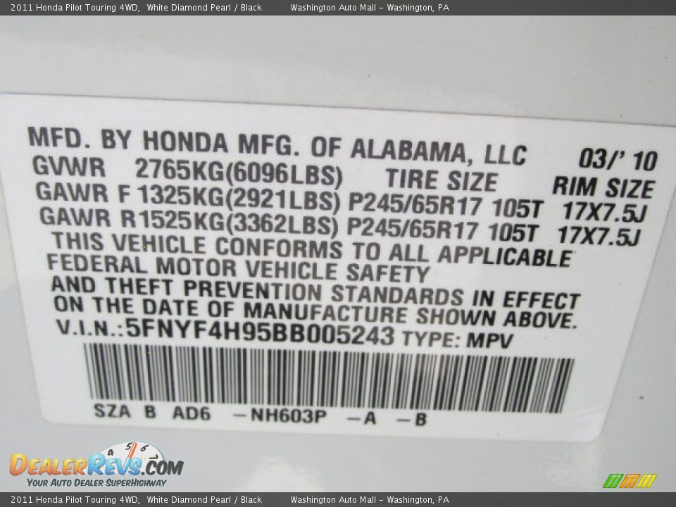 2011 Honda Pilot Touring 4WD White Diamond Pearl / Black Photo #19