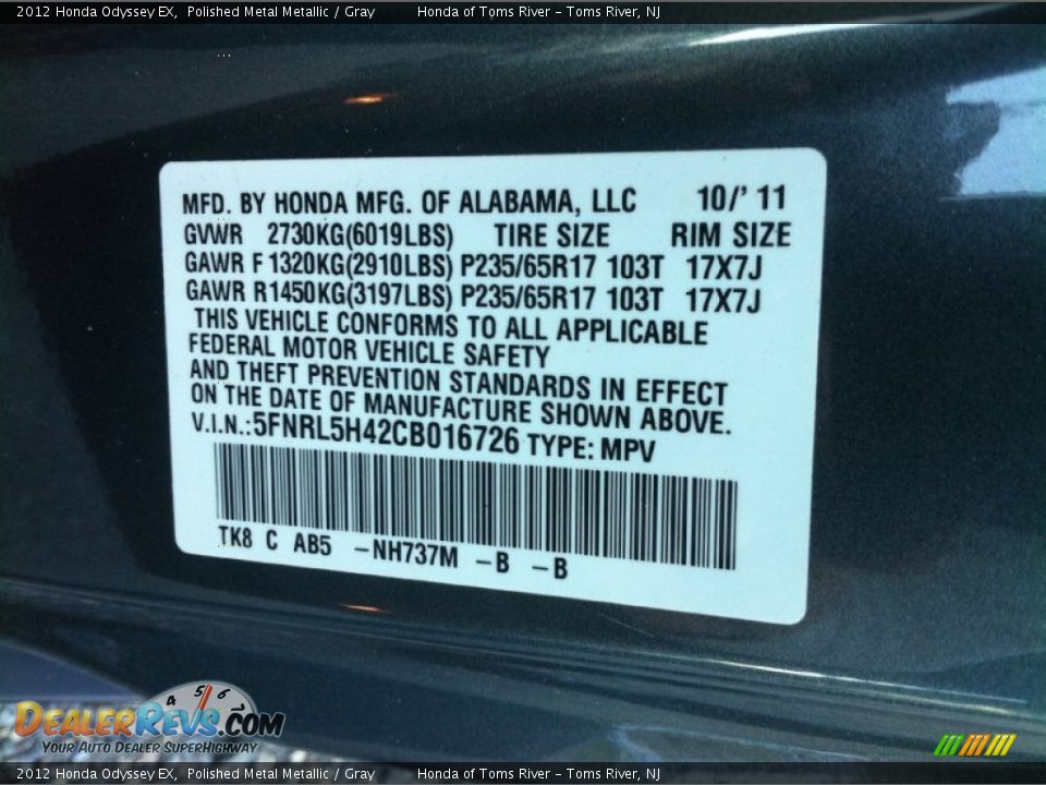 2012 Honda Odyssey EX Polished Metal Metallic / Gray Photo #26
