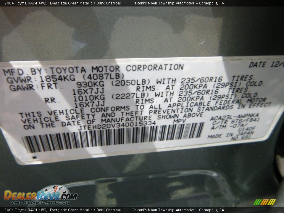 2004 Toyota RAV4 4WD Everglade Green Metallic / Dark Charcoal Photo #24