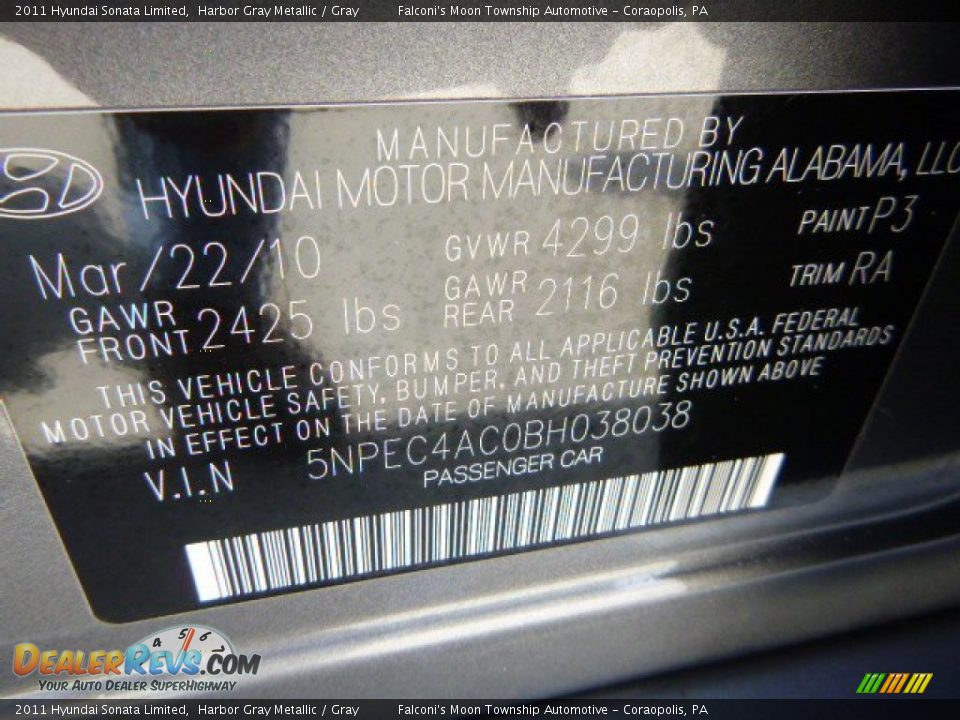 2011 Hyundai Sonata Limited Harbor Gray Metallic / Gray Photo #24