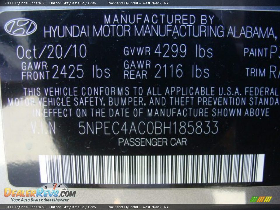 2011 Hyundai Sonata SE Harbor Gray Metallic / Gray Photo #31